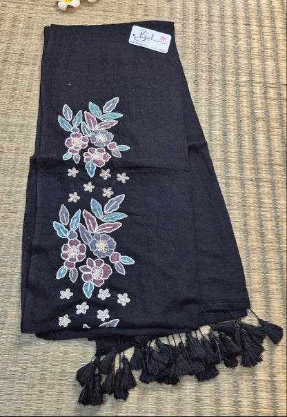 Mohini | Cosmic Black Mul Mul Cotton Saree with Handcrafted Moti Work on Front Top Part