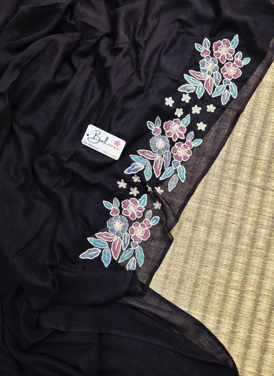 Mohini | Cosmic Black Mul Mul Cotton Saree with Handcrafted Moti Work on Front Top Part