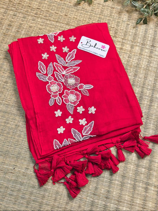 Mohini | Imperial Red Mul Mul Cotton Saree with Handcrafted Moti Work on Front Top Part