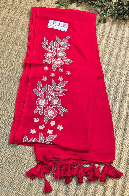 Mohini | Imperial Red Mul Mul Cotton Saree with Handcrafted Moti Work on Front Top Part