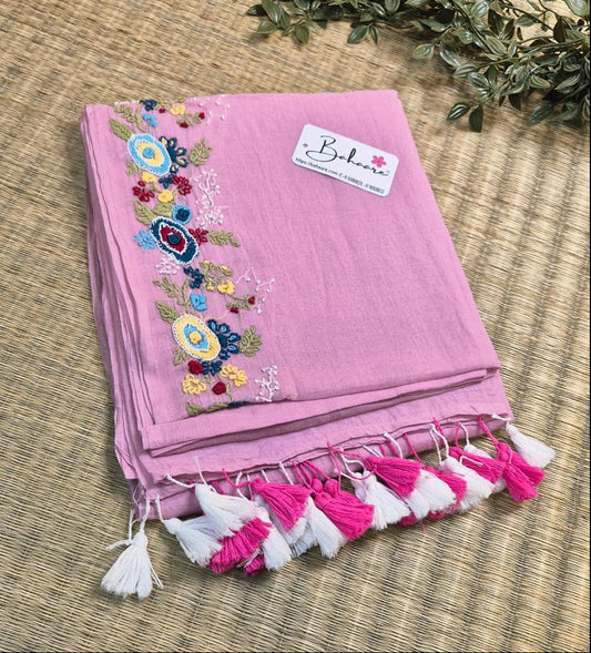 Mohini | Dusty Pink Mul Mul Cotton Saree with Handcrafted Bullion Stich on Front Top Part