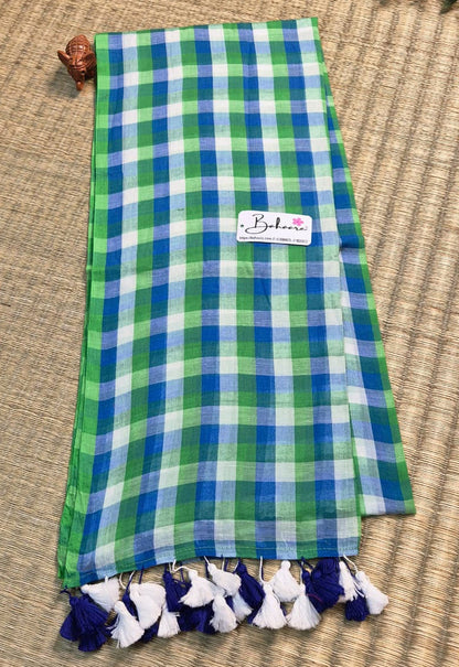 Mohini | Leaf Green  Multicoloured Check Mul Mul Cotton Saree