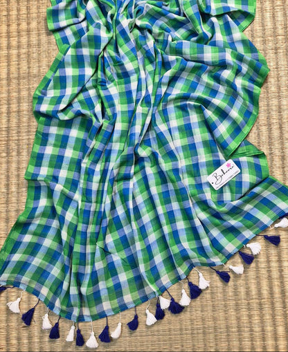 Mohini | Leaf Green  Multicoloured Check Mul Mul Cotton Saree
