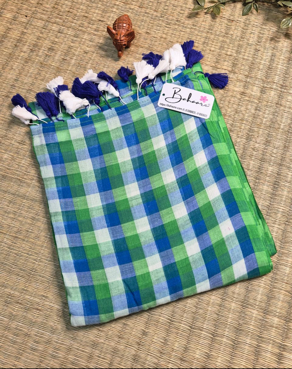 Mohini | Leaf Green  Multicoloured Check Mul Mul Cotton Saree