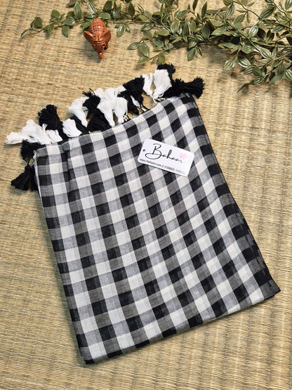 Mohini | Black and White Check Mul Mul Cotton Saree