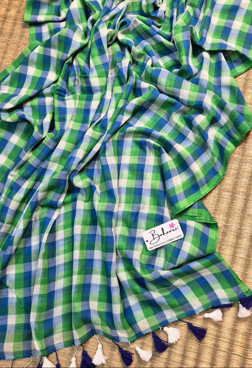 Mohini | Leaf Green  Multicoloured Check Mul Mul Cotton Saree