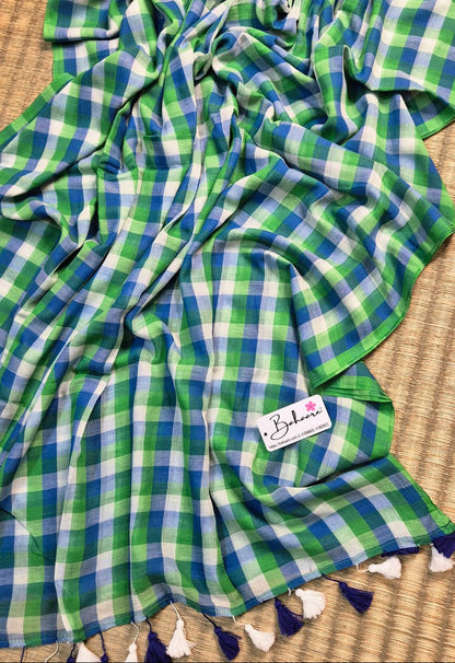 Mohini | Leaf Green  Multicoloured Check Mul Mul Cotton Saree