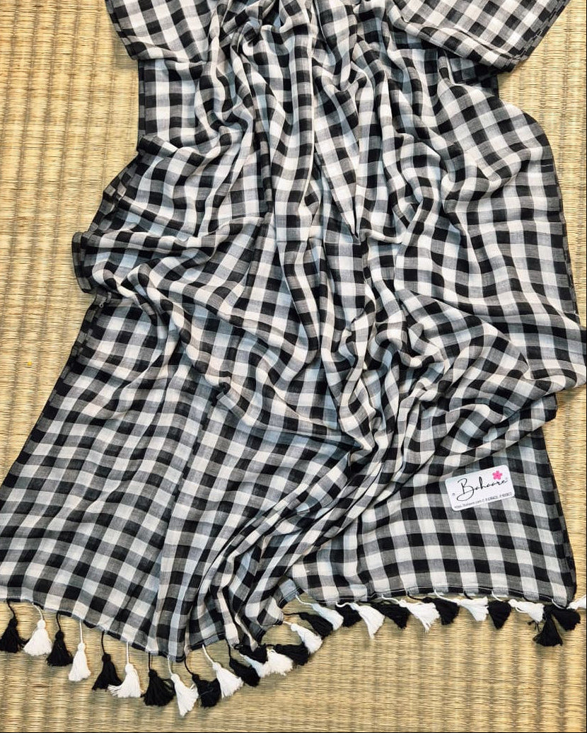 Mohini | Black and White Check Mul Mul Cotton Saree