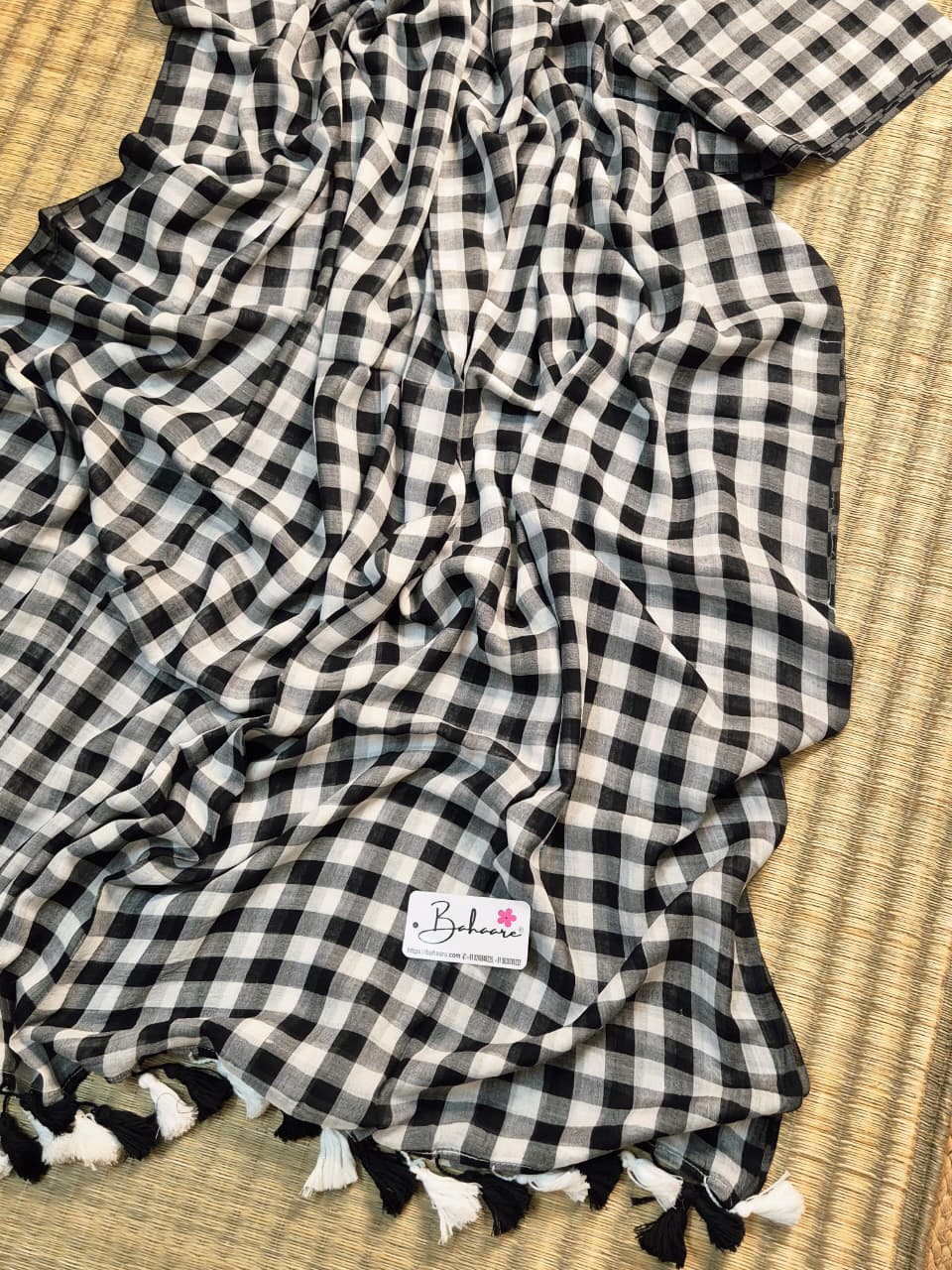 Mohini | Black and White Check Mul Mul Cotton Saree