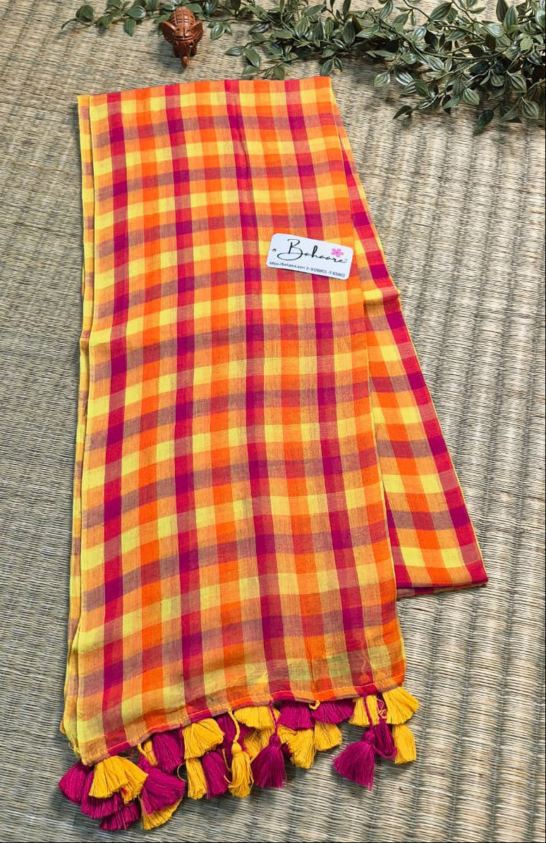 Mohini | Yellow Multicoloured Check Mul Mul Cotton Saree