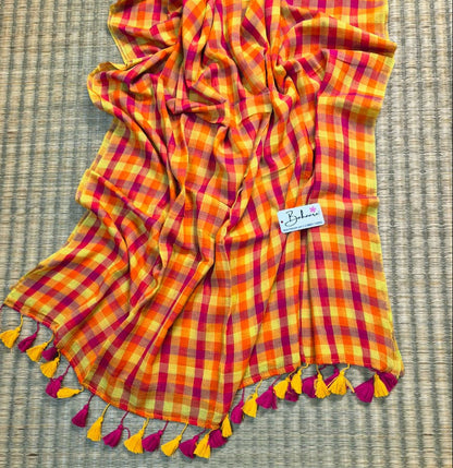 Mohini | Yellow Multicoloured Check Mul Mul Cotton Saree