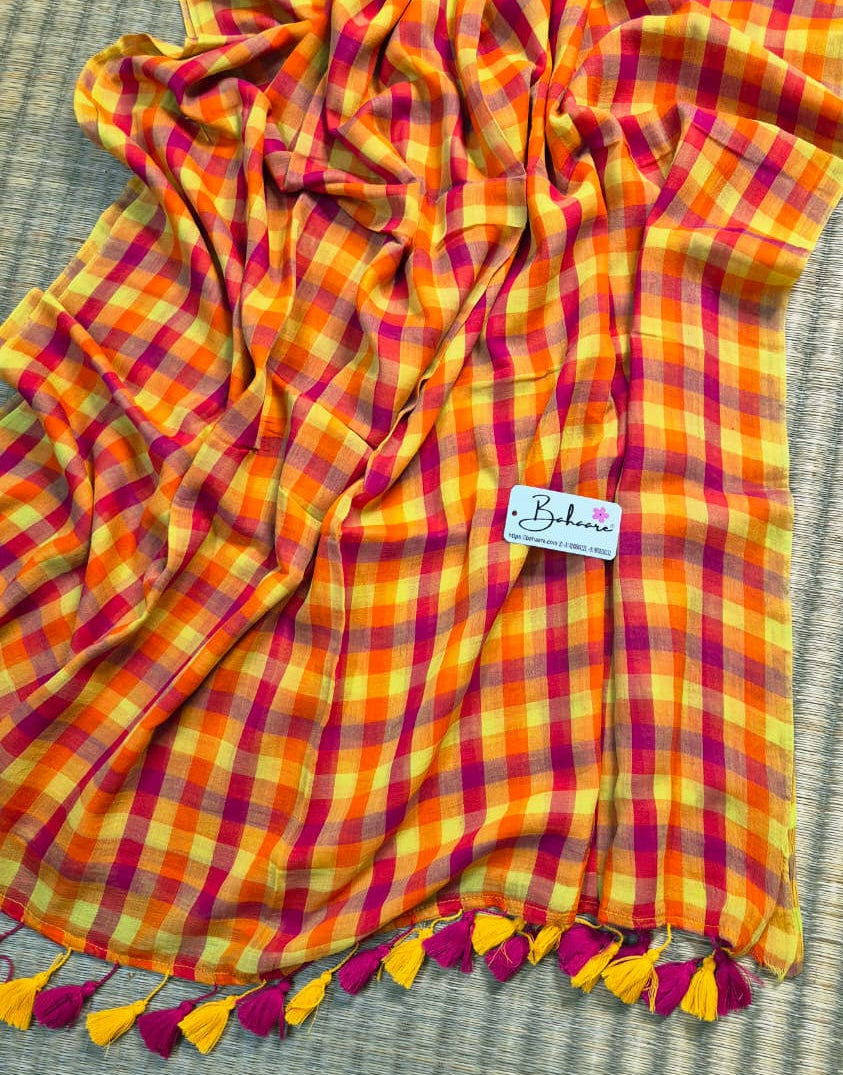 Mohini | Yellow Multicoloured Check Mul Mul Cotton Saree