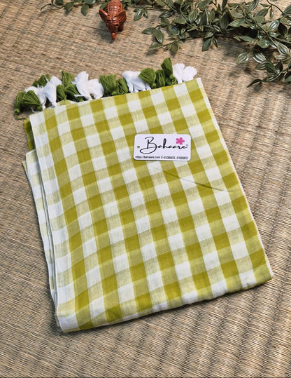 Mohini | Moss Green Multicoloured Check Mul Mul Cotton Saree