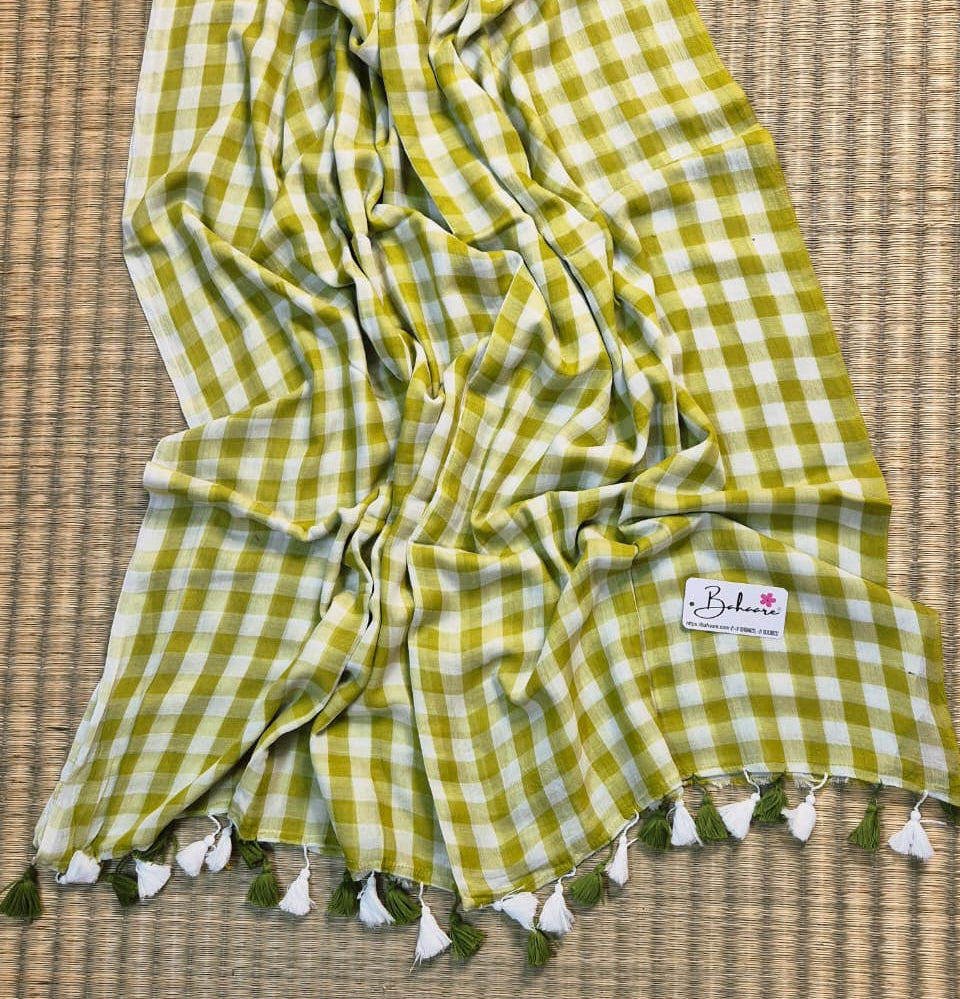 Mohini | Moss Green Multicoloured Check Mul Mul Cotton Saree