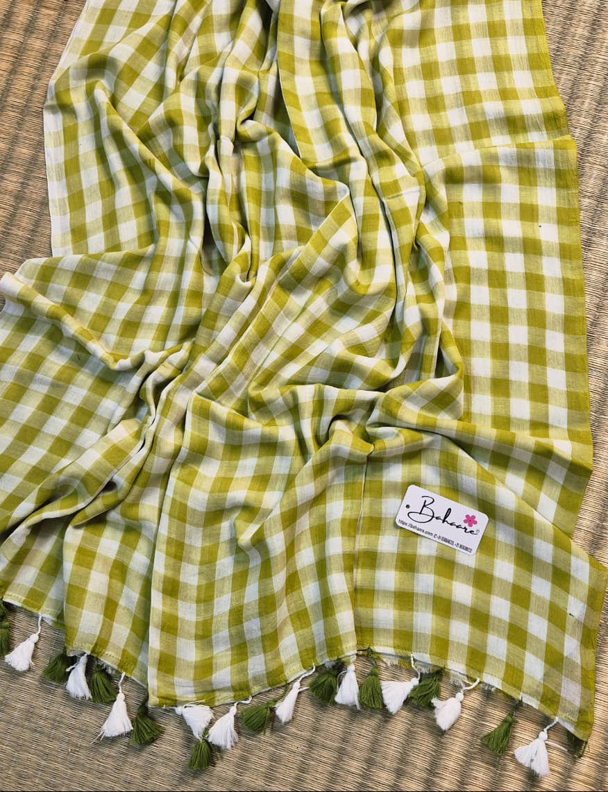 Mohini | Moss Green Multicoloured Check Mul Mul Cotton Saree