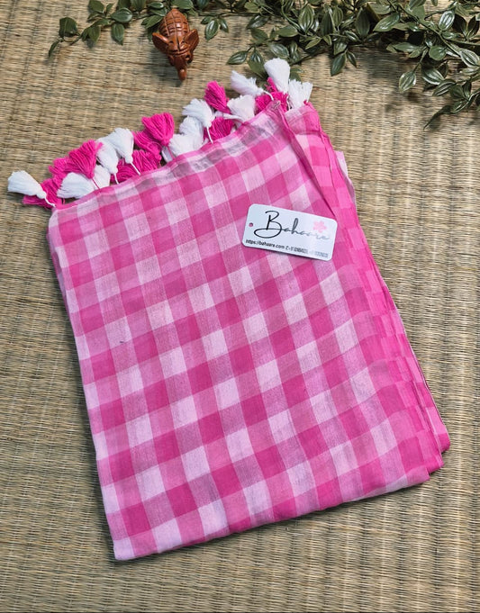 Mohini | Pink Multicoloured Check Mul Mul Cotton Saree