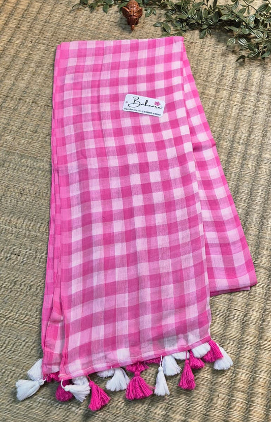 Mohini | Pink Multicoloured Check Mul Mul Cotton Saree
