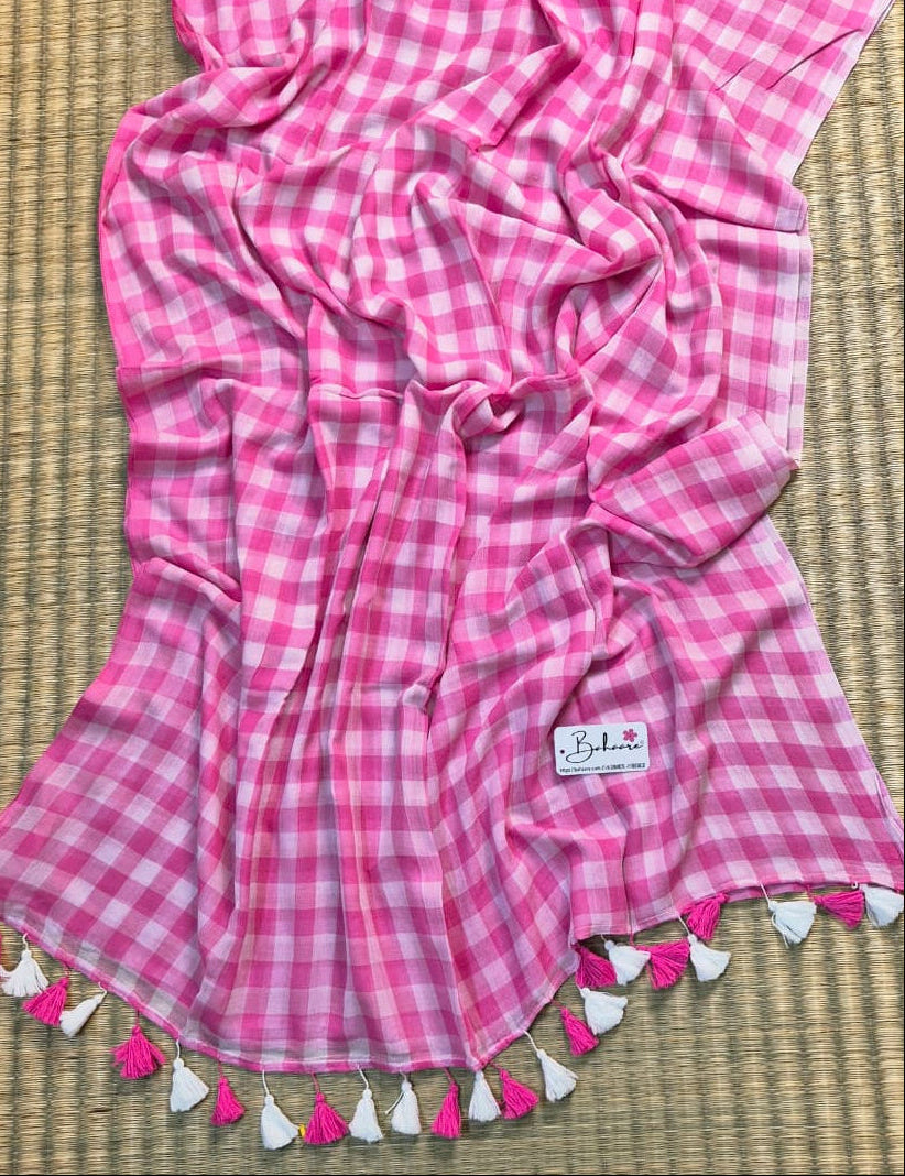 Mohini | Pink Multicoloured Check Mul Mul Cotton Saree