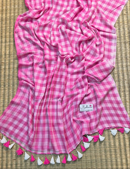 Mohini | Pink Multicoloured Check Mul Mul Cotton Saree