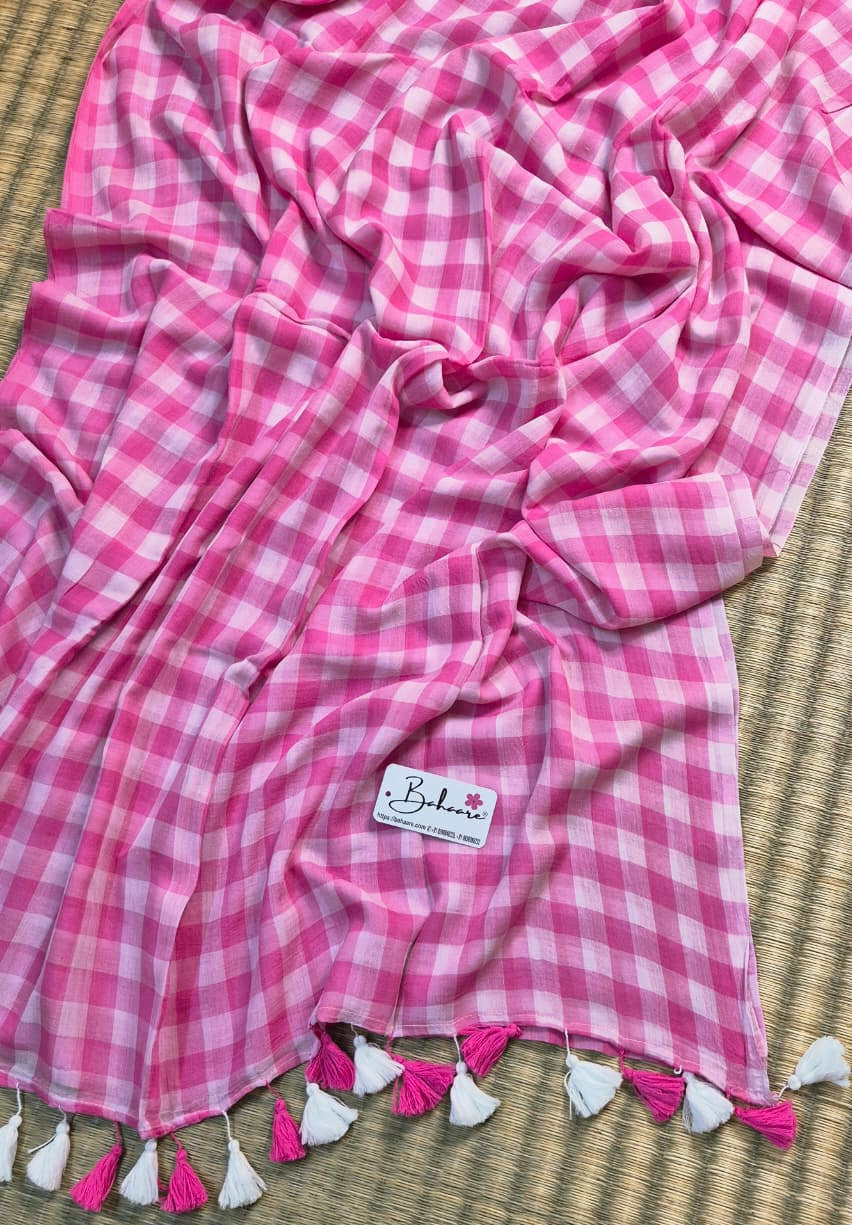Mohini | Pink Multicoloured Check Mul Mul Cotton Saree
