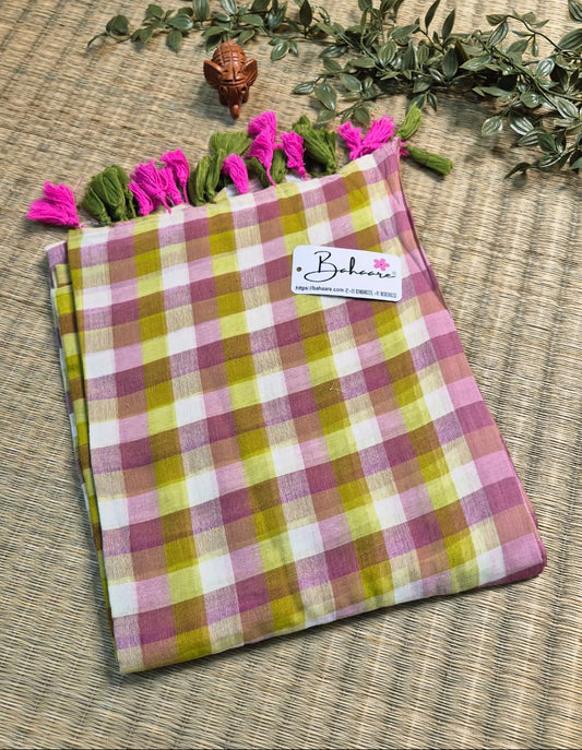 Mohini | Green Multicoloured Check Mul Mul Cotton Saree
