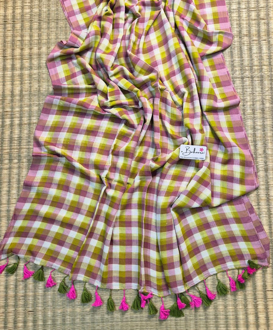 Mohini | Green Multicoloured Check Mul Mul Cotton Saree