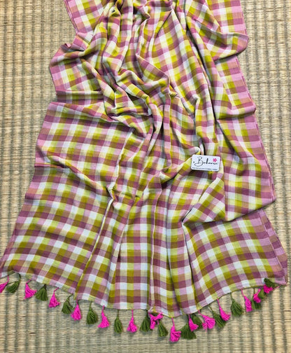 Mohini | Green Multicoloured Check Mul Mul Cotton Saree
