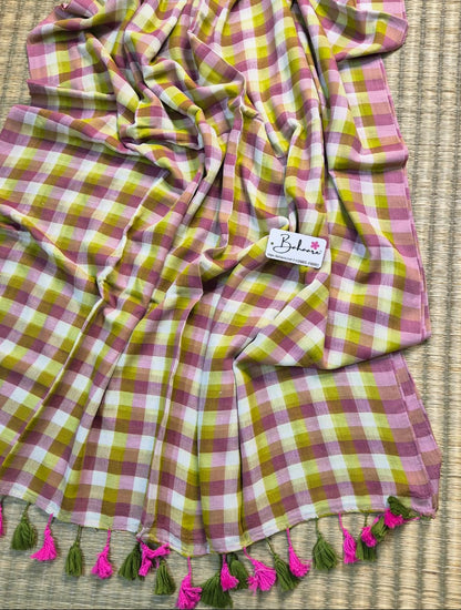 Mohini | Green Multicoloured Check Mul Mul Cotton Saree