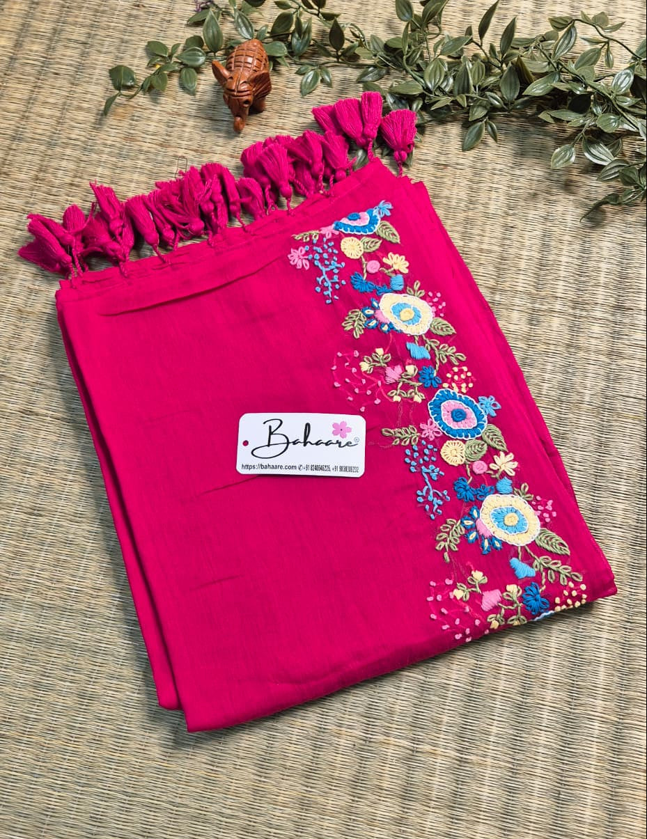Mohini | Fuchsia Pink Mul Mul Cotton Saree with Handcrafted Bullion Stich on Front Top Part
