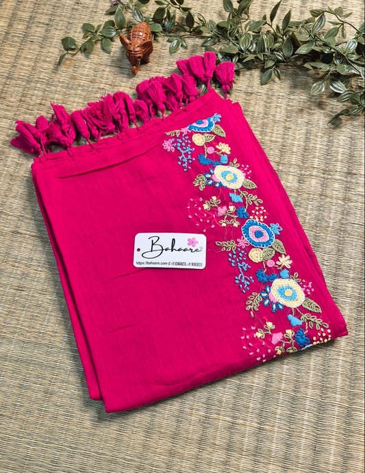 Mohini | Fuchsia Pink Mul Mul Cotton Saree with Handcrafted Bullion Stich on Front Top Part