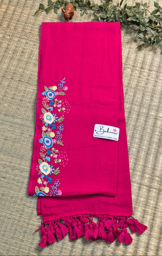 Mohini | Fuchsia Pink Mul Mul Cotton Saree with Handcrafted Bullion Stich on Front Top Part