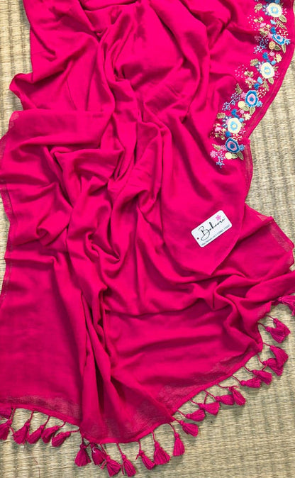 Mohini | Fuchsia Pink Mul Mul Cotton Saree with Handcrafted Bullion Stich on Front Top Part