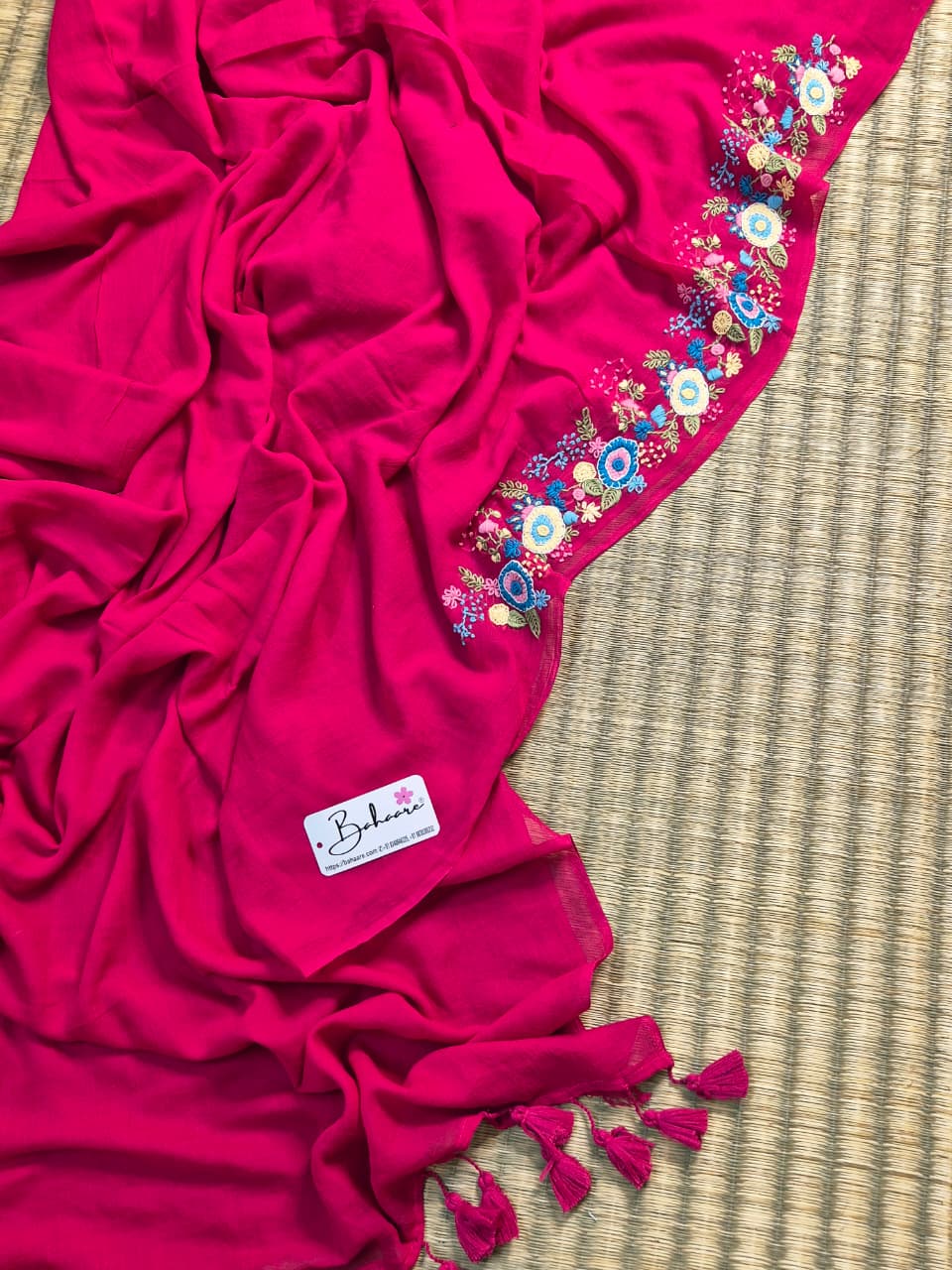 Mohini | Fuchsia Pink Mul Mul Cotton Saree with Handcrafted Bullion Stich on Front Top Part