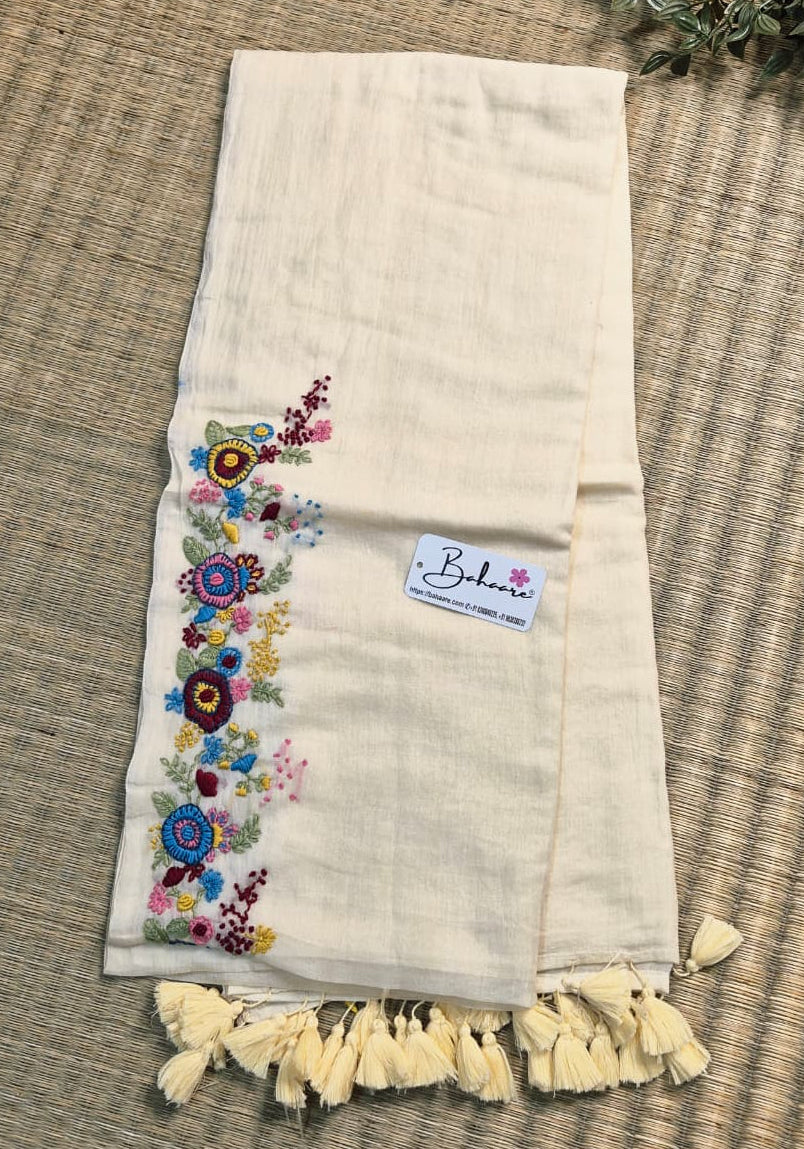 Mohini | Royal Cream Mul Mul Cotton Saree with Handcrafted Bullion Stich on Front Top Part