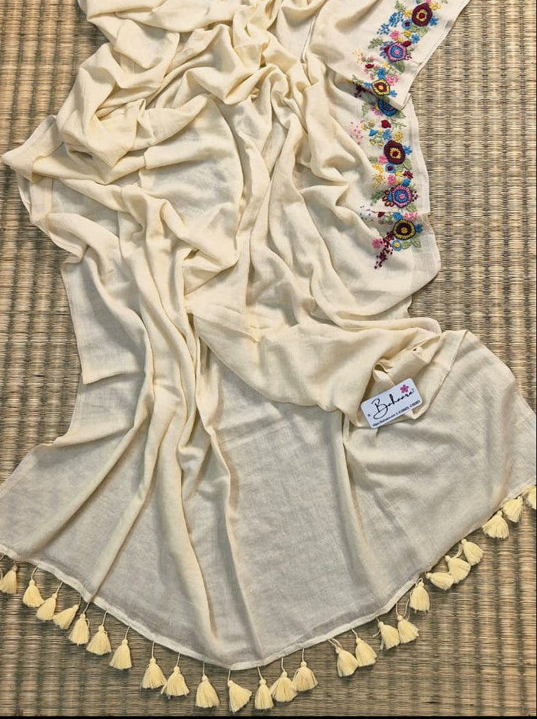 Mohini | Royal Cream Mul Mul Cotton Saree with Handcrafted Bullion Stich on Front Top Part