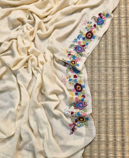 Mohini | Royal Cream Mul Mul Cotton Saree with Handcrafted Bullion Stich on Front Top Part