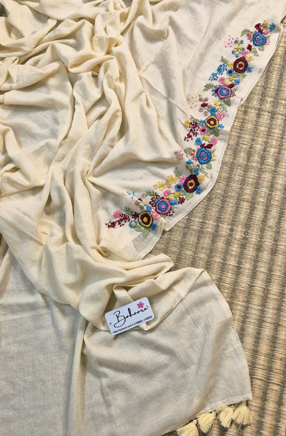 Mohini | Royal Cream Mul Mul Cotton Saree with Handcrafted Bullion Stich on Front Top Part