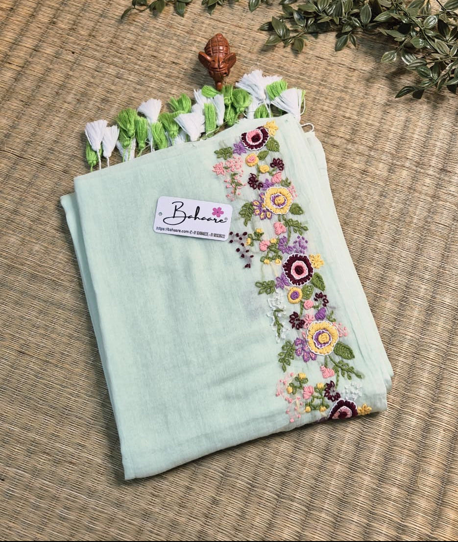 Mohini | Ice Mint Mul Mul Cotton Saree with Handcrafted Bullion Stich on Front Top Part