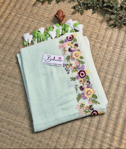 Mohini | Ice Mint Mul Mul Cotton Saree with Handcrafted Bullion Stich on Front Top Part
