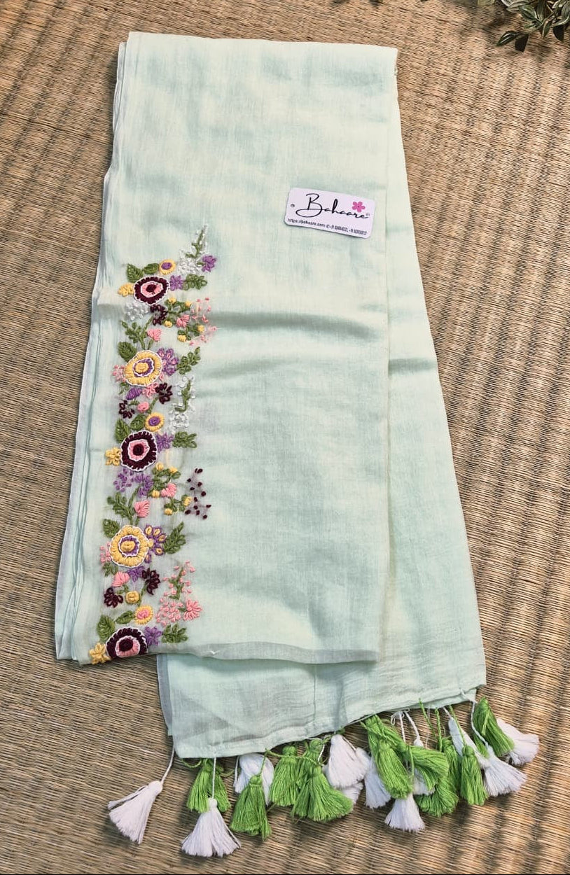 Mohini | Ice Mint Mul Mul Cotton Saree with Handcrafted Bullion Stich on Front Top Part