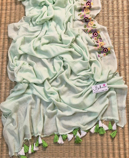 Mohini | Ice Mint Mul Mul Cotton Saree with Handcrafted Bullion Stich on Front Top Part