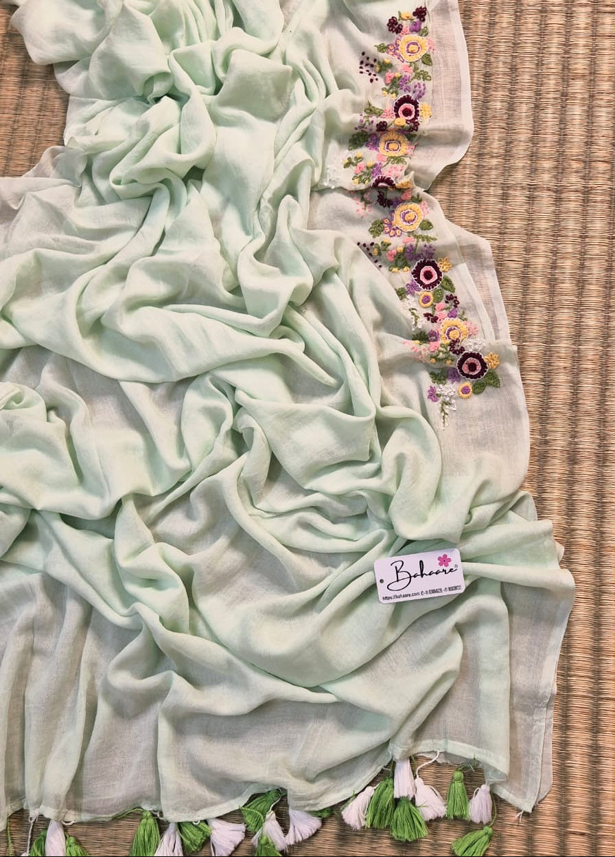 Mohini | Ice Mint Mul Mul Cotton Saree with Handcrafted Bullion Stich on Front Top Part