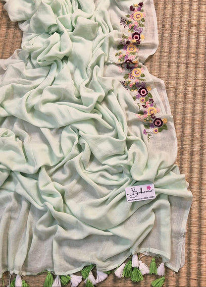 Mohini | Ice Mint Mul Mul Cotton Saree with Handcrafted Bullion Stich on Front Top Part