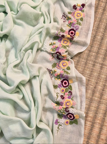 Mohini | Ice Mint Mul Mul Cotton Saree with Handcrafted Bullion Stich on Front Top Part