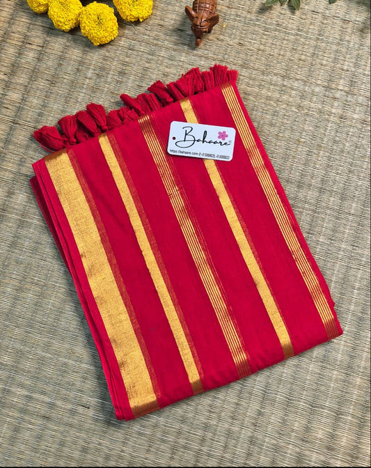 Noor | Kumkum Red Mul Mul Cotton Saree with Zari Lines
