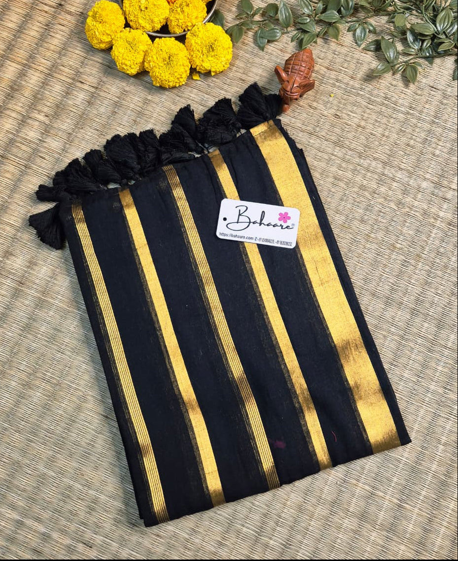 Noor | Dark Black Mul Mul Cotton Saree with Zari Lines
