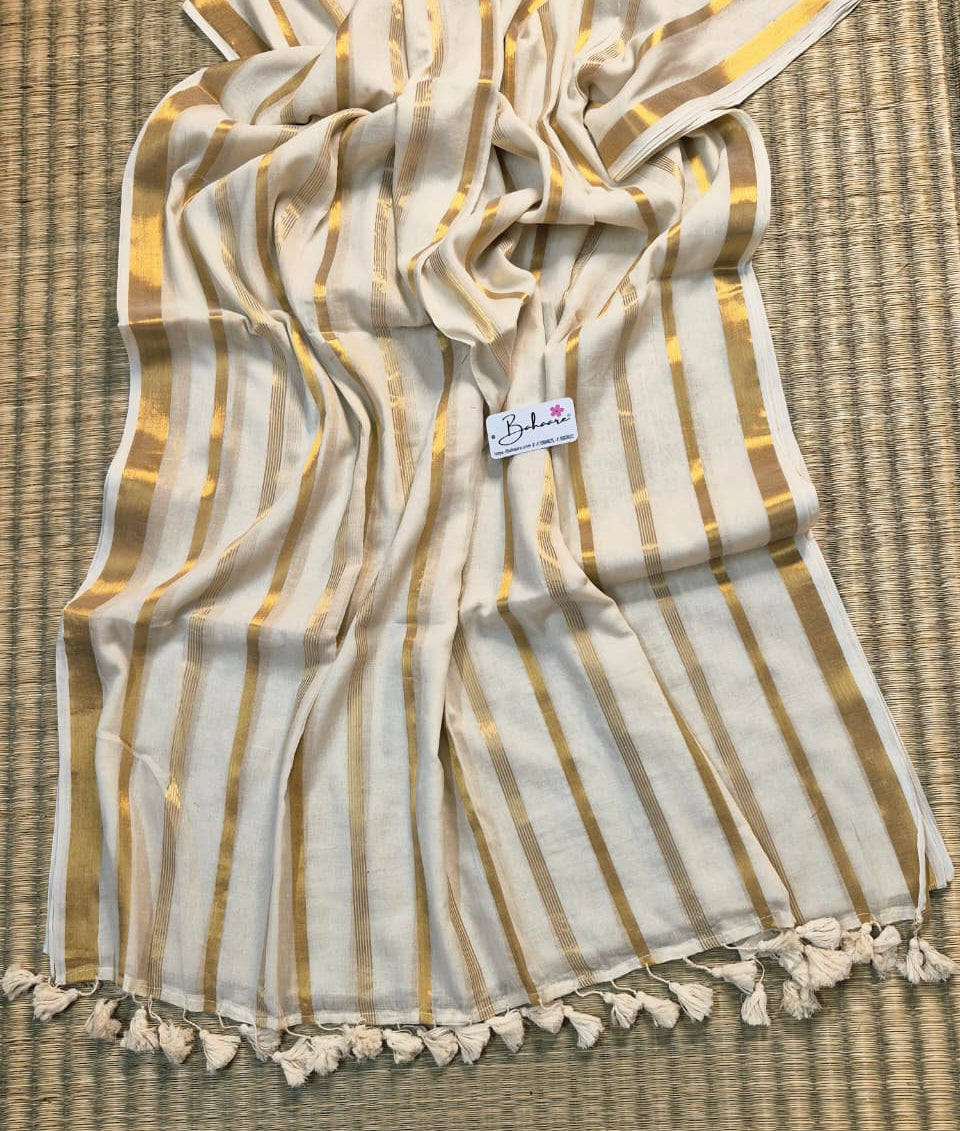 Noor | Classic South Indian Mul Mul Cotton Saree with Zari Lines