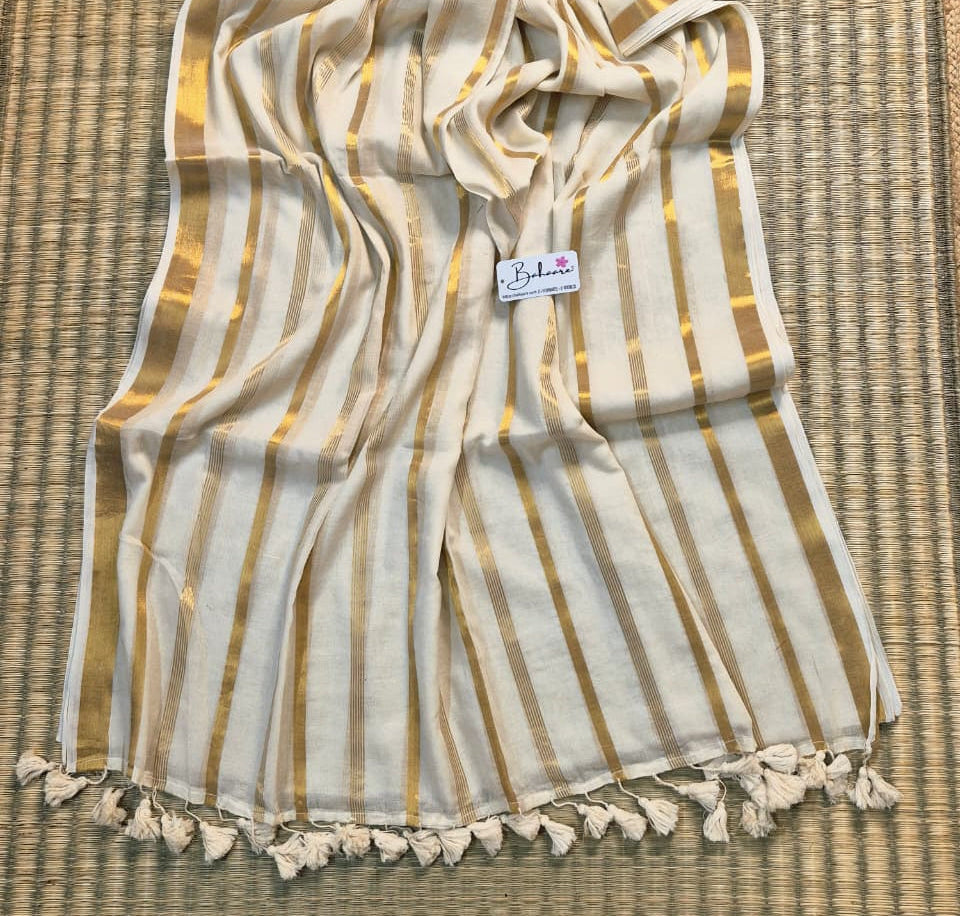 Noor | Classic South Indian Mul Mul Cotton Saree with Zari Lines