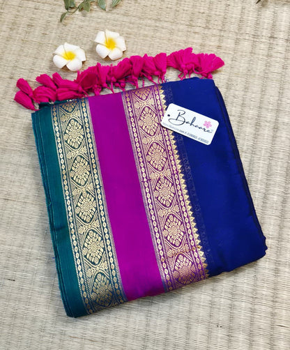 Cotton Galleria | Violet Blue Handwoven Premium Cotton Saree with Golden Zari Kanchi Border
