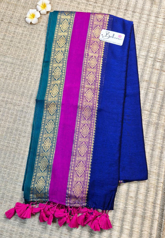 Cotton Galleria | Violet Blue Handwoven Premium Cotton Saree with Golden Zari Kanchi Border